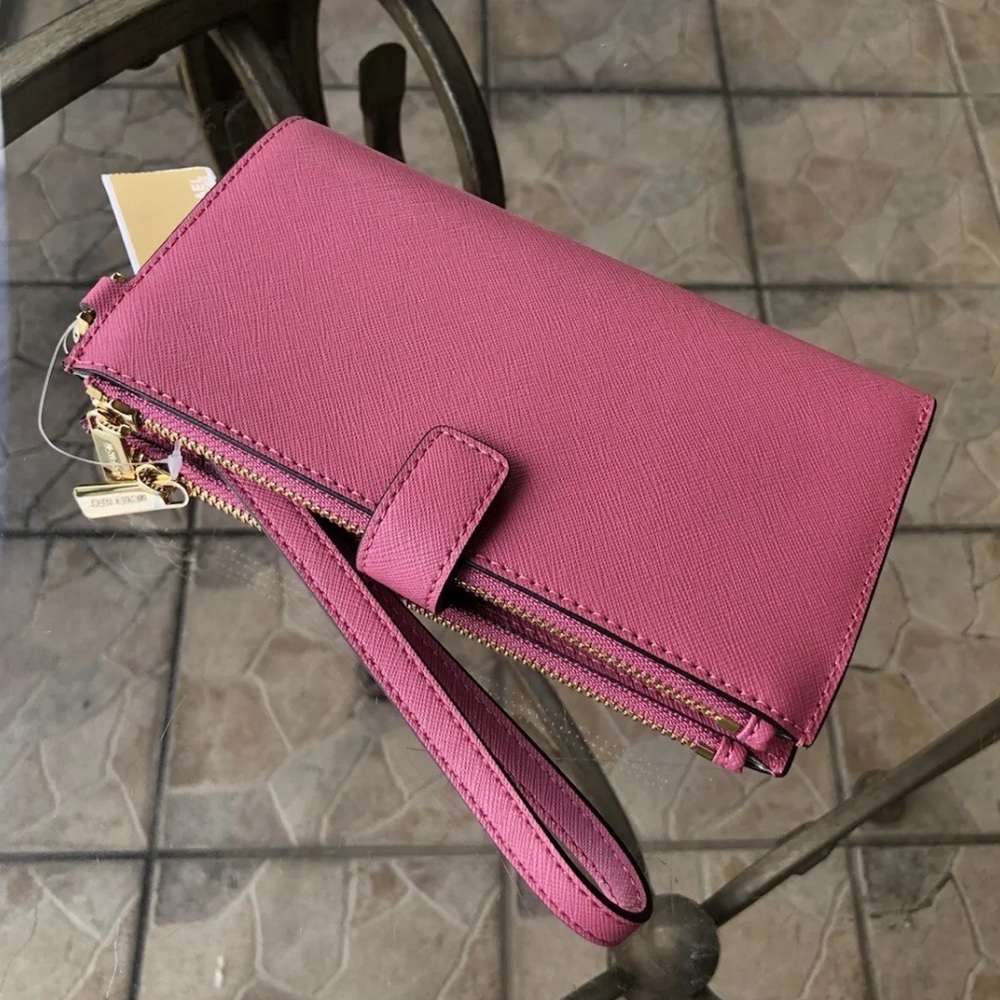 Michael Kors Jet Set Travel Double Zip Phone Case Leather Wristlet Clutch Wallet - Picture 2 of 4